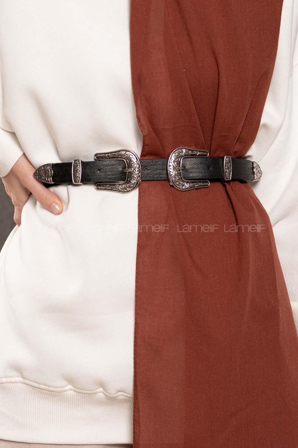 Modalamelif Çift Retro  Gümüş Tokalı Kemer Siyah