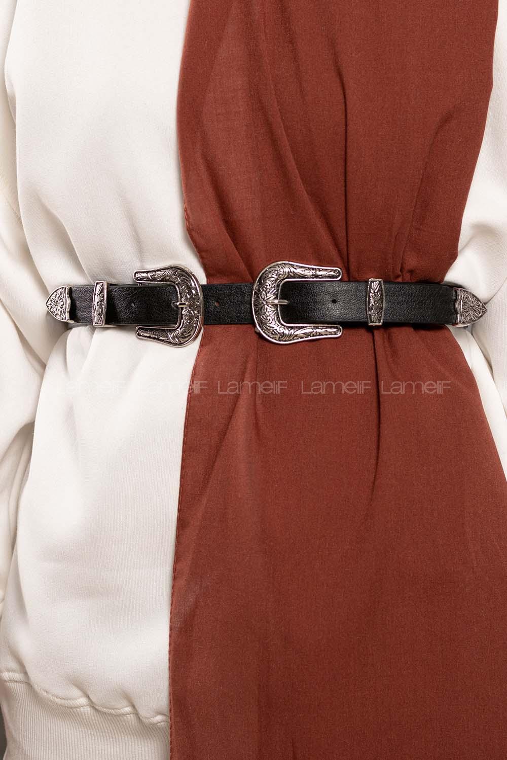 Modalamelif Çift Retro  Gümüş Tokalı Kemer Siyah