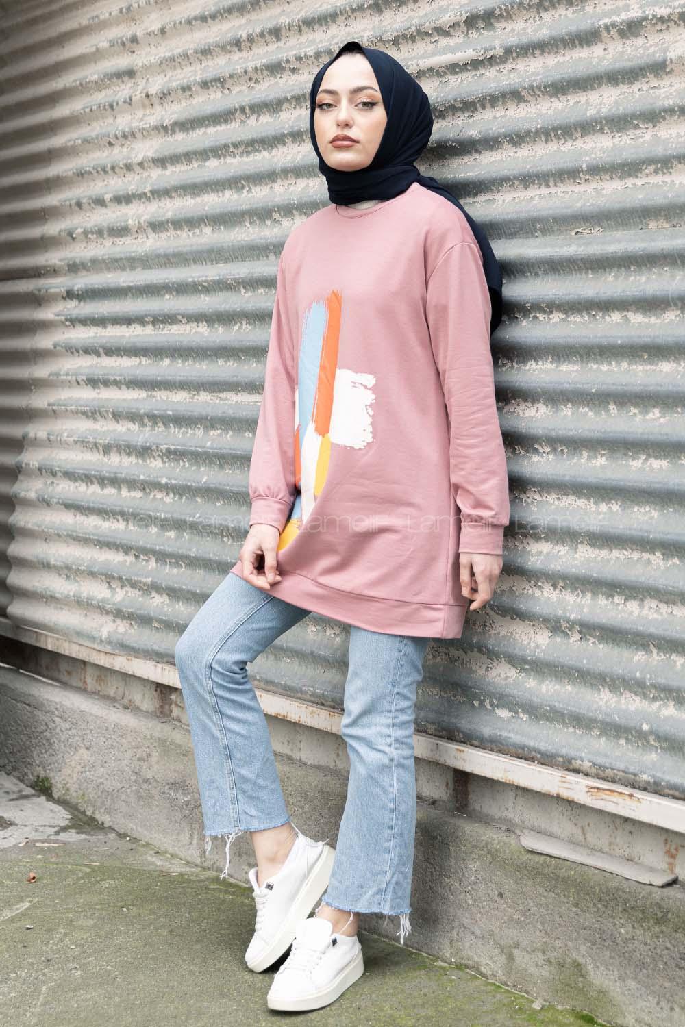 Modalamelif Önü Baskılı Sweatshirt Pudra
