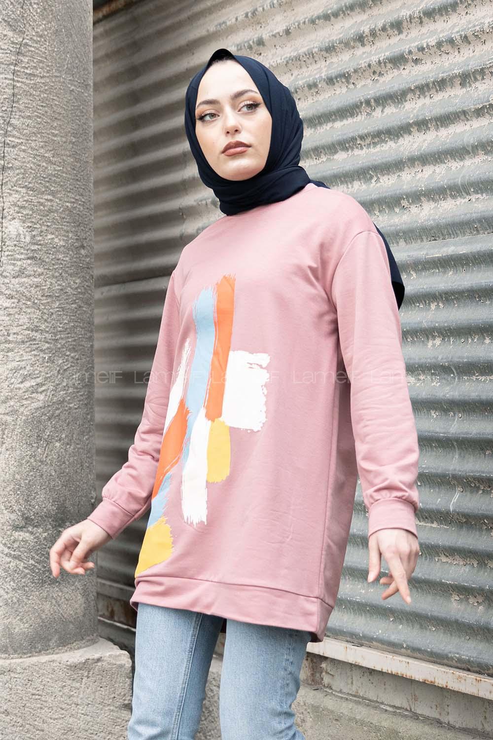 Modalamelif Önü Baskılı Sweatshirt Pudra