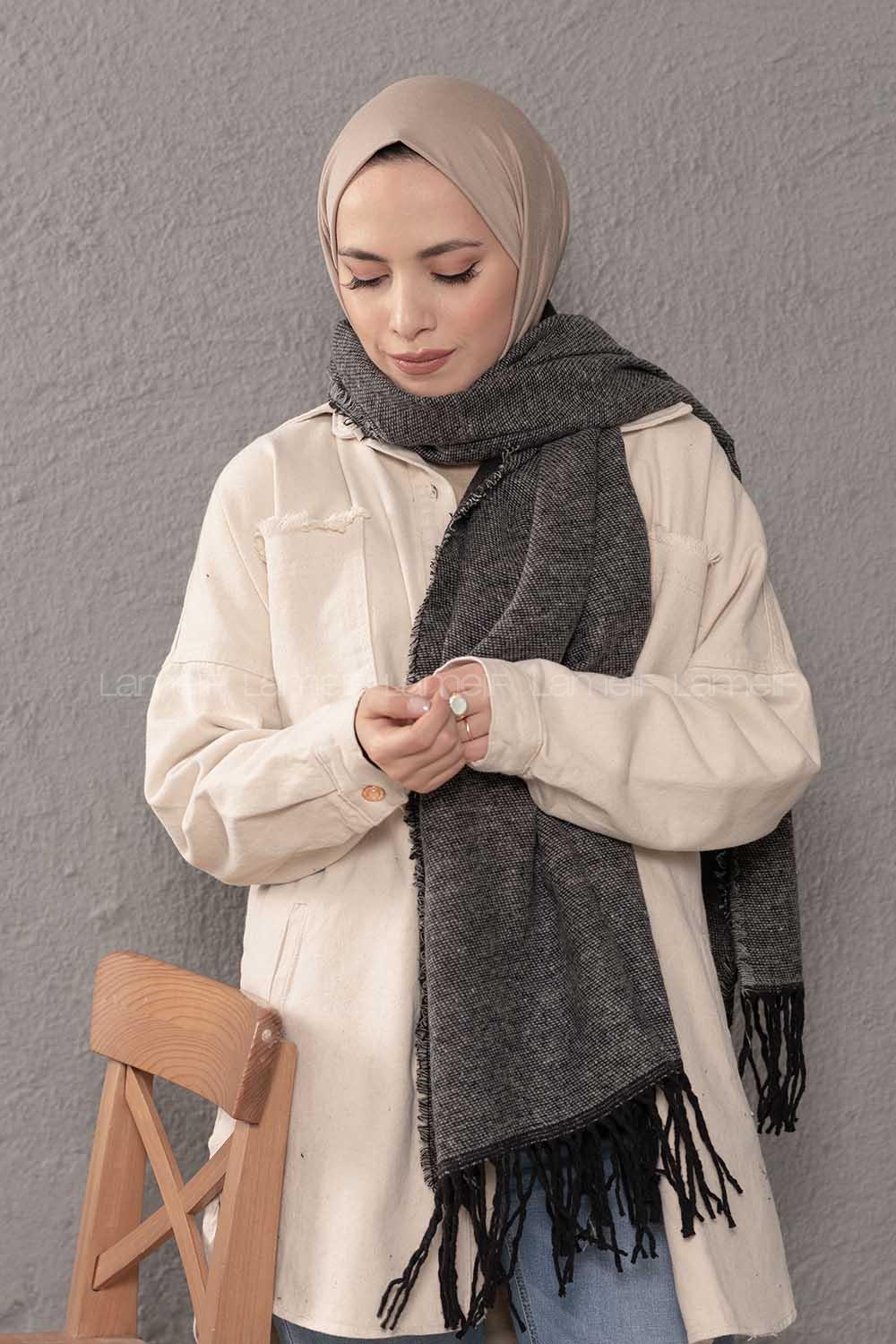 Modalamelif Desenli Gri Siyah Atkı