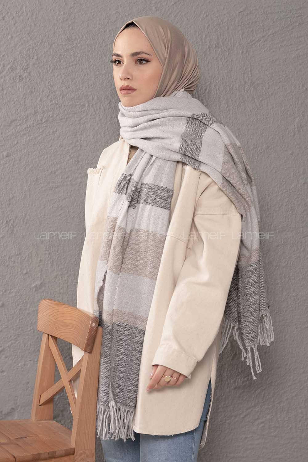 Modalamelif Desenli Gri Vizonrengi Atkı