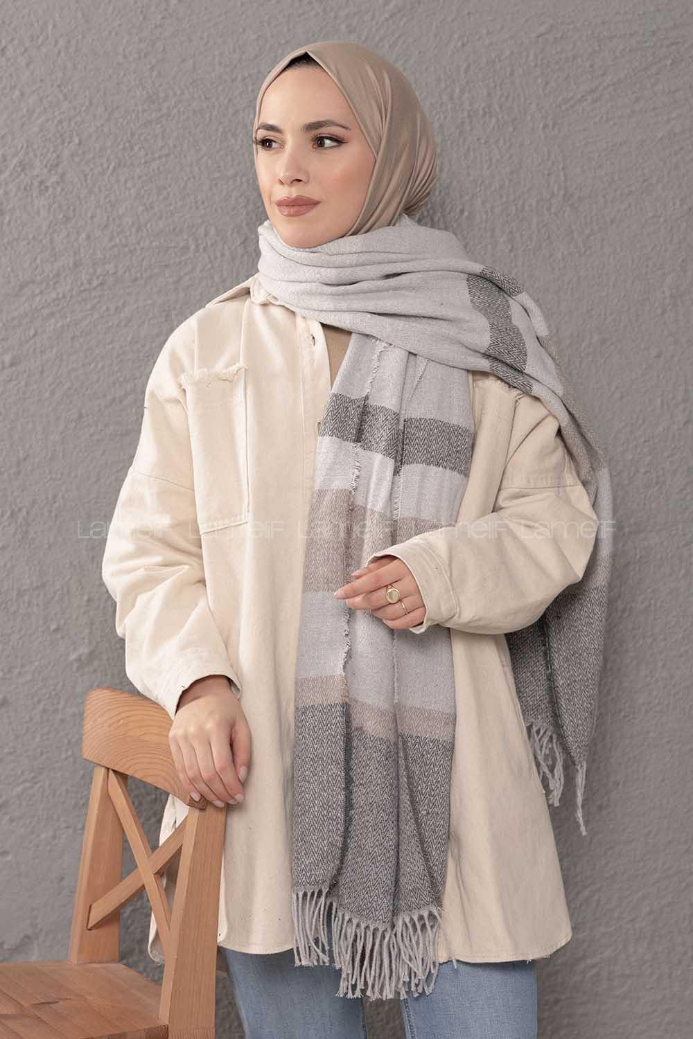 Modalamelif Desenli Gri Vizonrengi Atkı