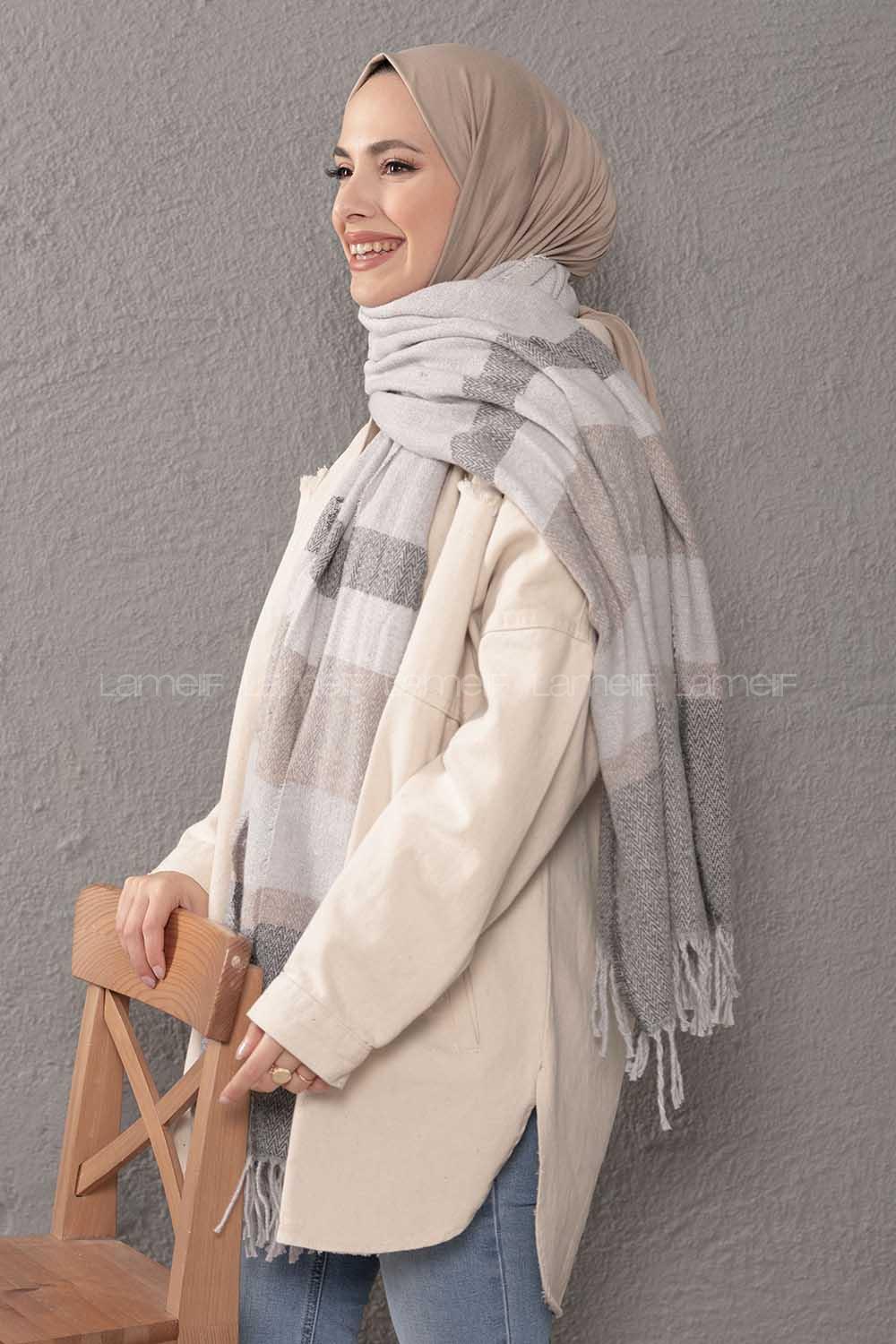 Modalamelif Desenli Gri Vizonrengi Atkı