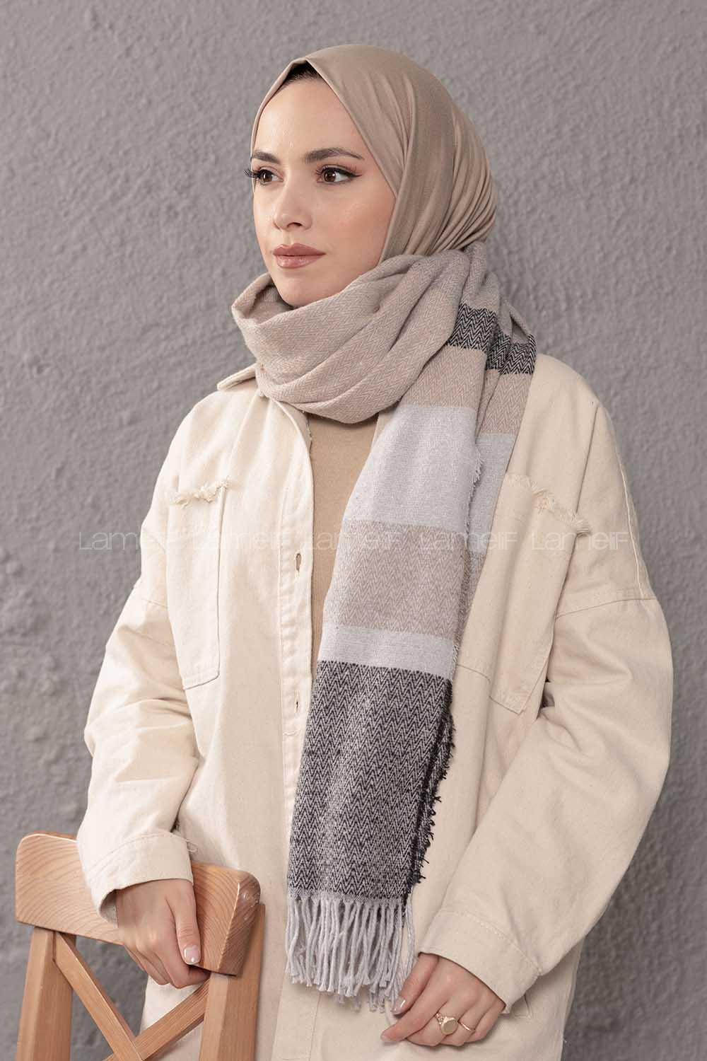 Modalamelif Desenli Vizonrengi Siyah Atkı