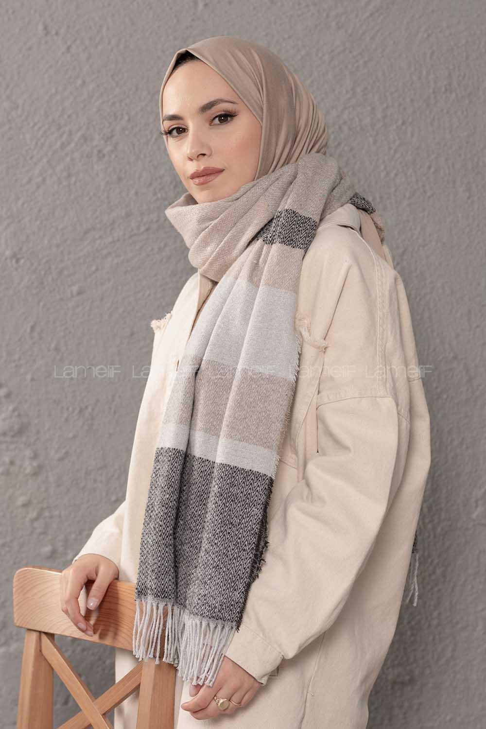 Modalamelif Desenli Vizonrengi Siyah Atkı