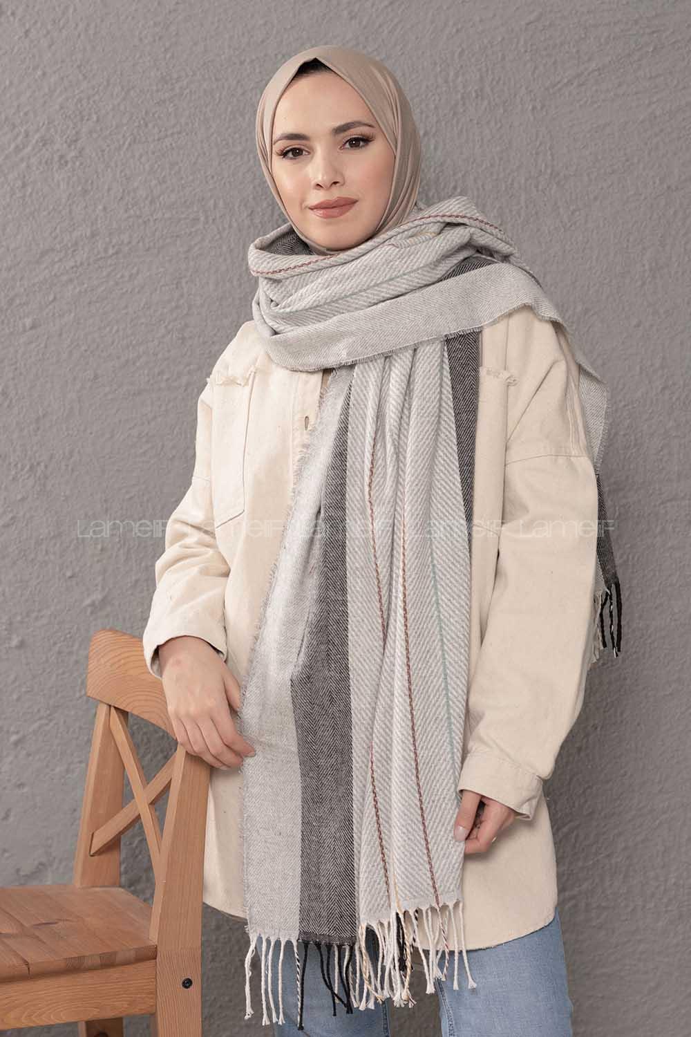 Modalamelif Ekose Çizgili Gri Siyah Atkı