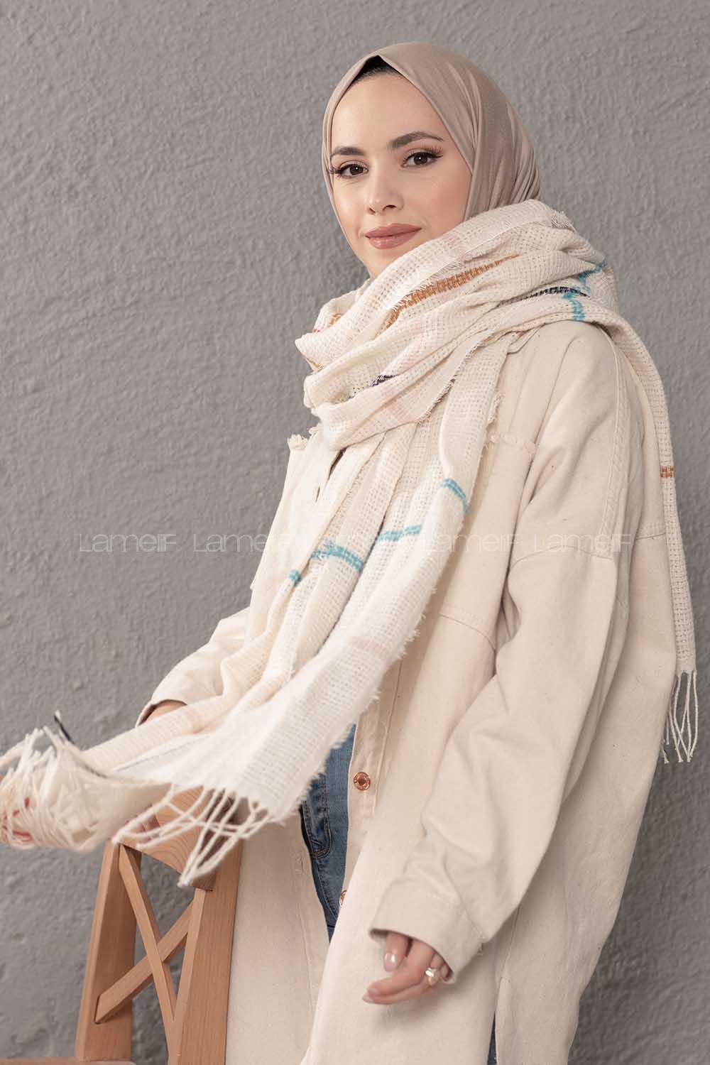 Modalamelif Ekose Desenli Taş Turkuaz Atkı