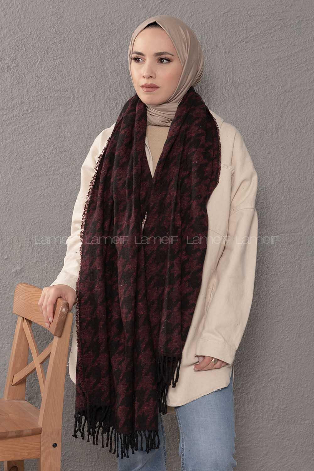 Modalamelif Kazayağı Desen Bordo Siyah Atkı