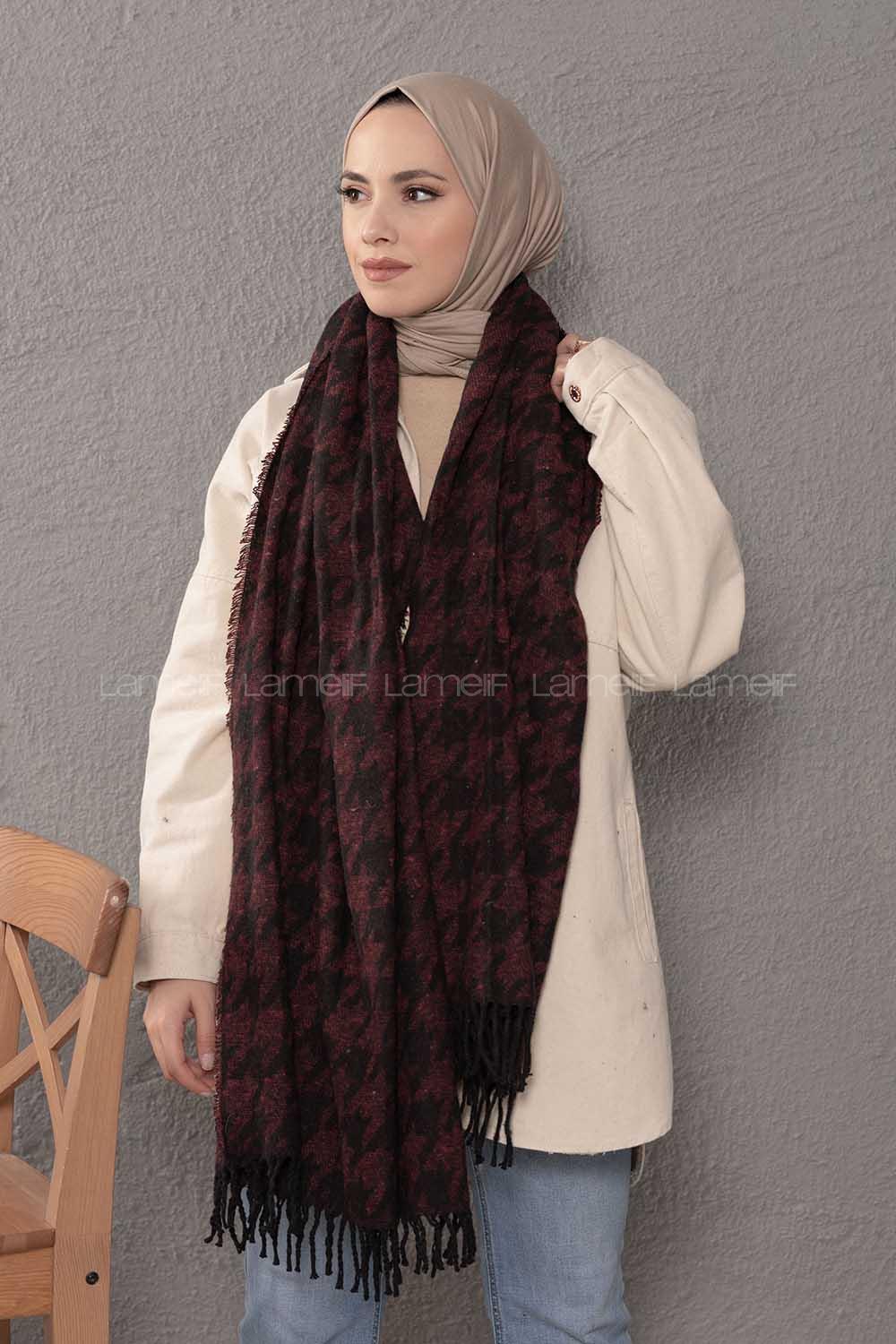 Modalamelif Kazayağı Desen Bordo Siyah Atkı