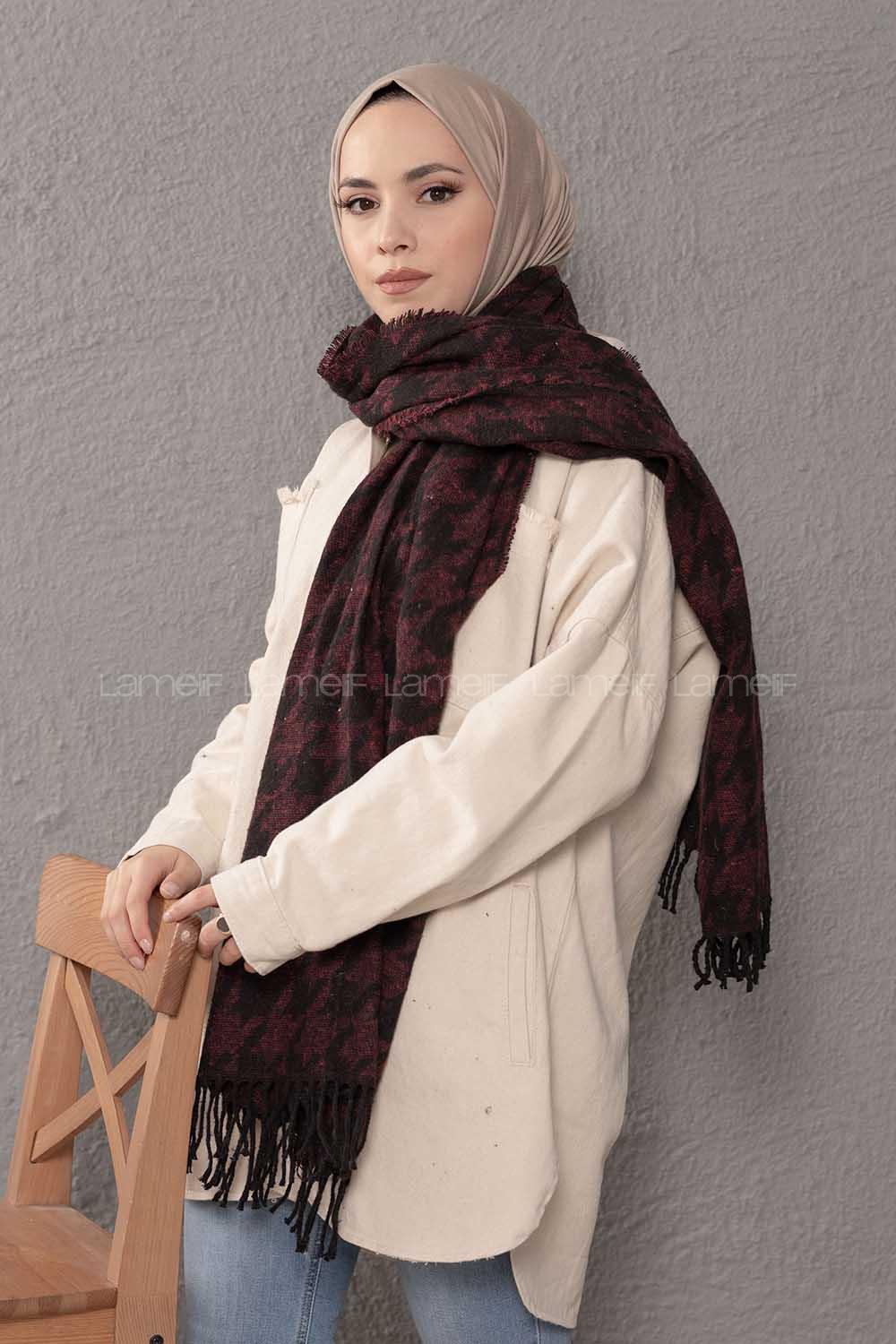 Modalamelif Kazayağı Desen Bordo Siyah Atkı