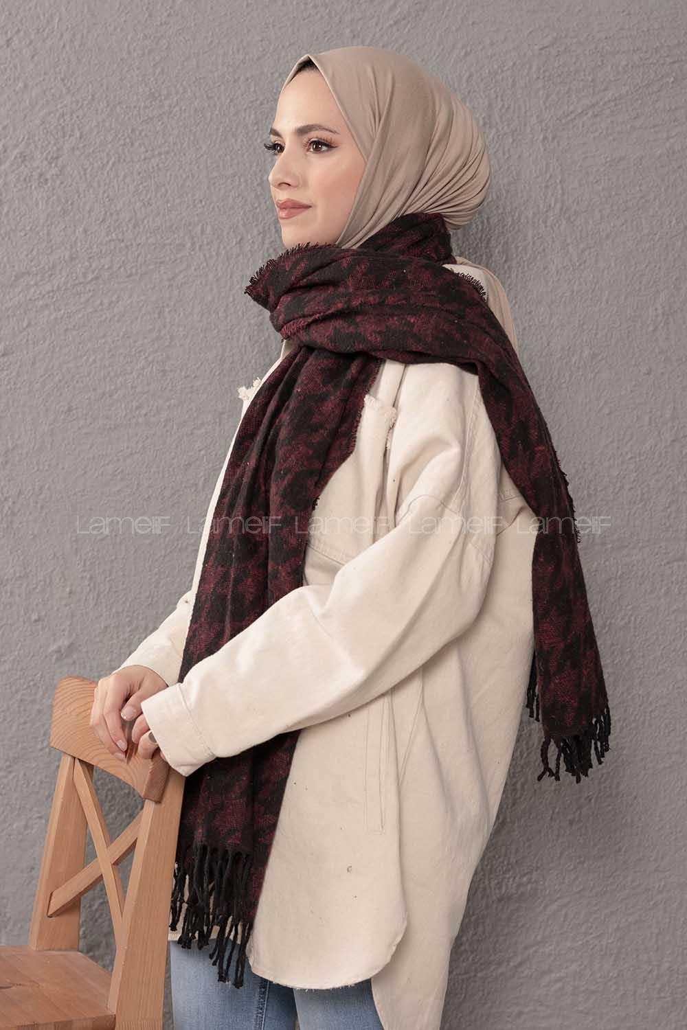 Modalamelif Kazayağı Desen Bordo Siyah Atkı