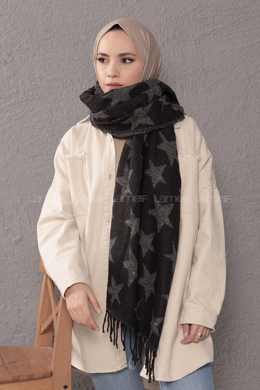 Modalamelif Yıldız Desenli Gri Siyah Atkı