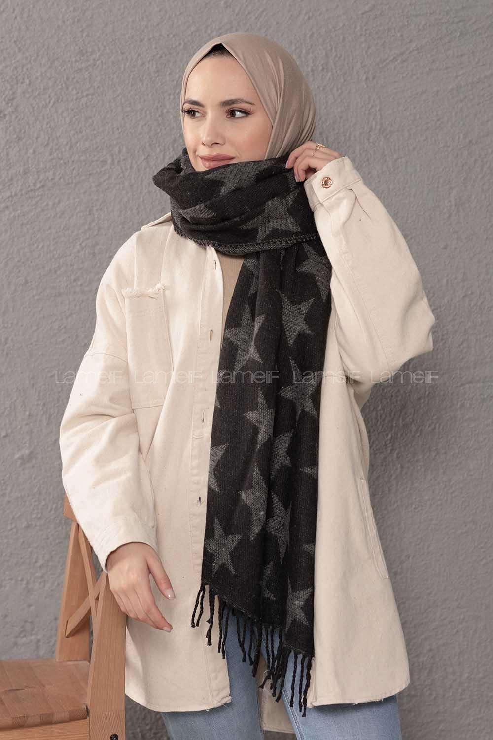 Modalamelif Yıldız Desenli Gri Siyah Atkı