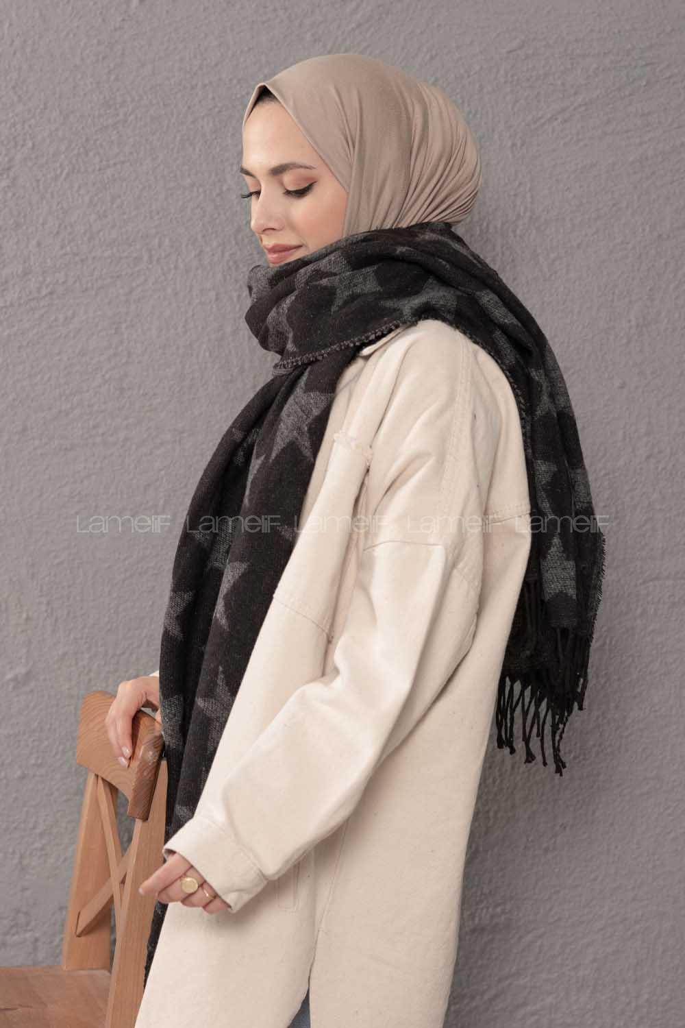 Modalamelif Yıldız Desenli Gri Siyah Atkı