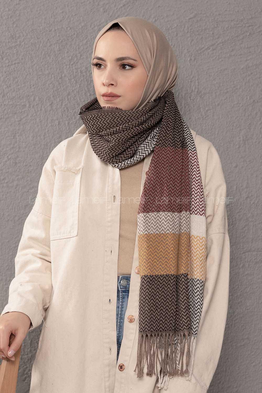 Modalamelif Zigzag Desenli Vizonrengi Hardal Atkı