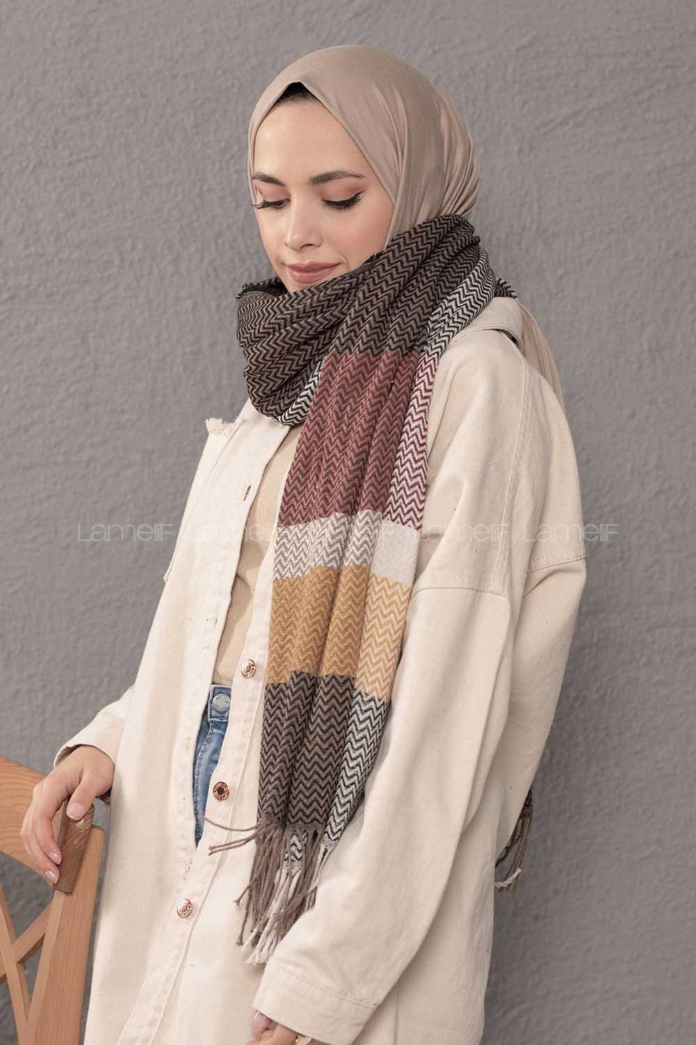 Modalamelif Zigzag Desenli Vizonrengi Hardal Atkı