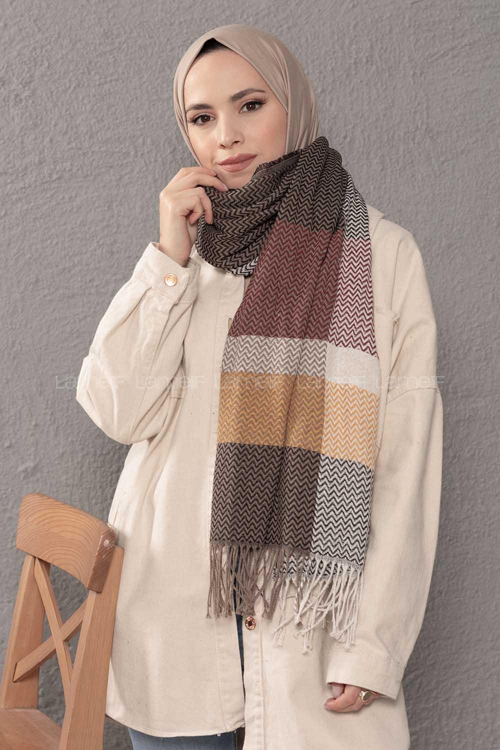 Modalamelif Zigzag Desenli Vizonrengi Hardal Atkı