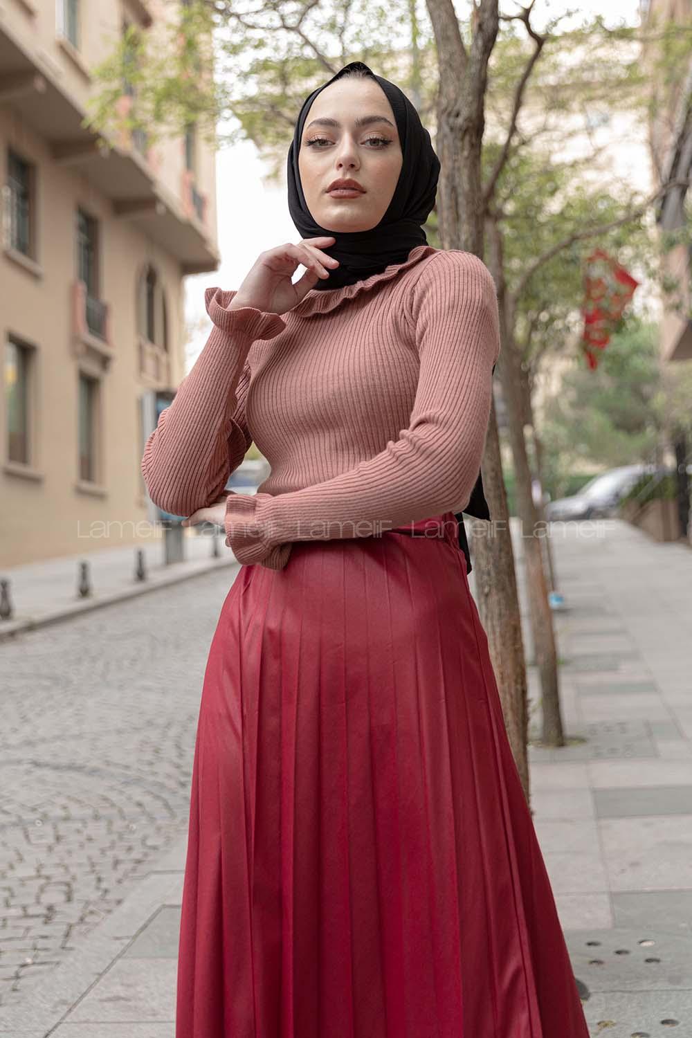 Modalamelif Boğazlı Fırfırlı Triko Kazak Gül