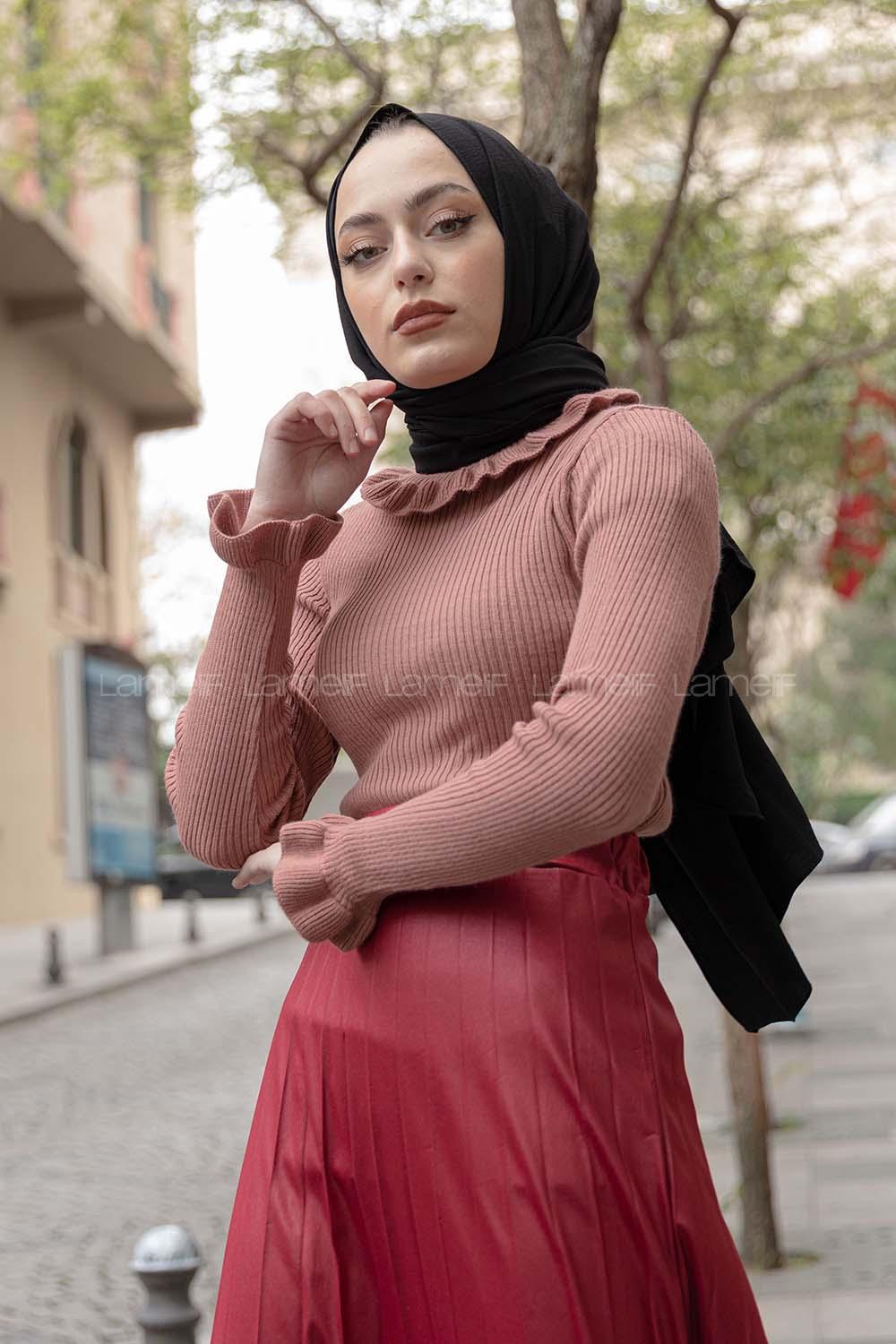 Modalamelif Boğazlı Fırfırlı Triko Kazak Gül