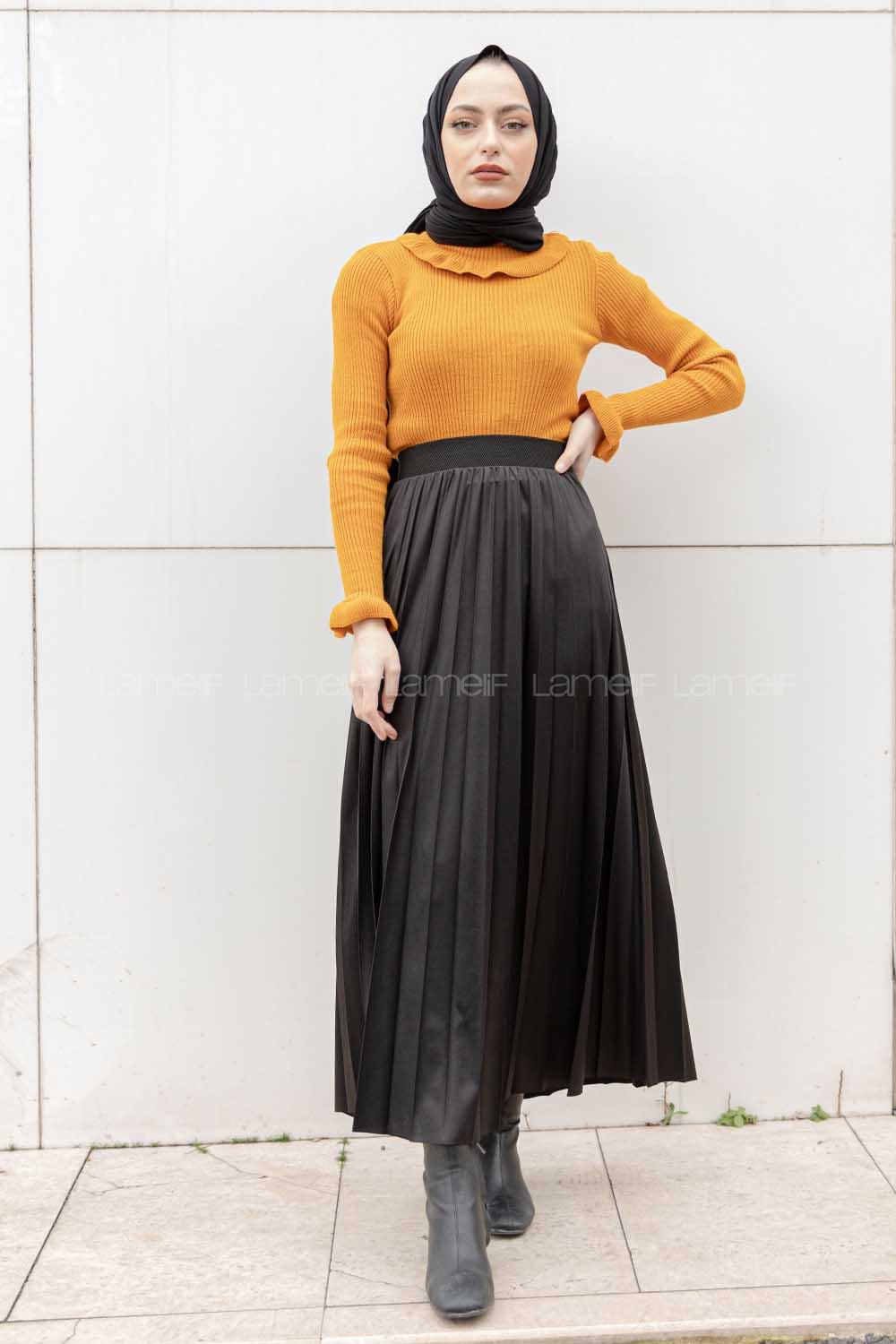 Modalamelif Boğazlı Fırfırlı Triko Kazak Hardal Sarısı