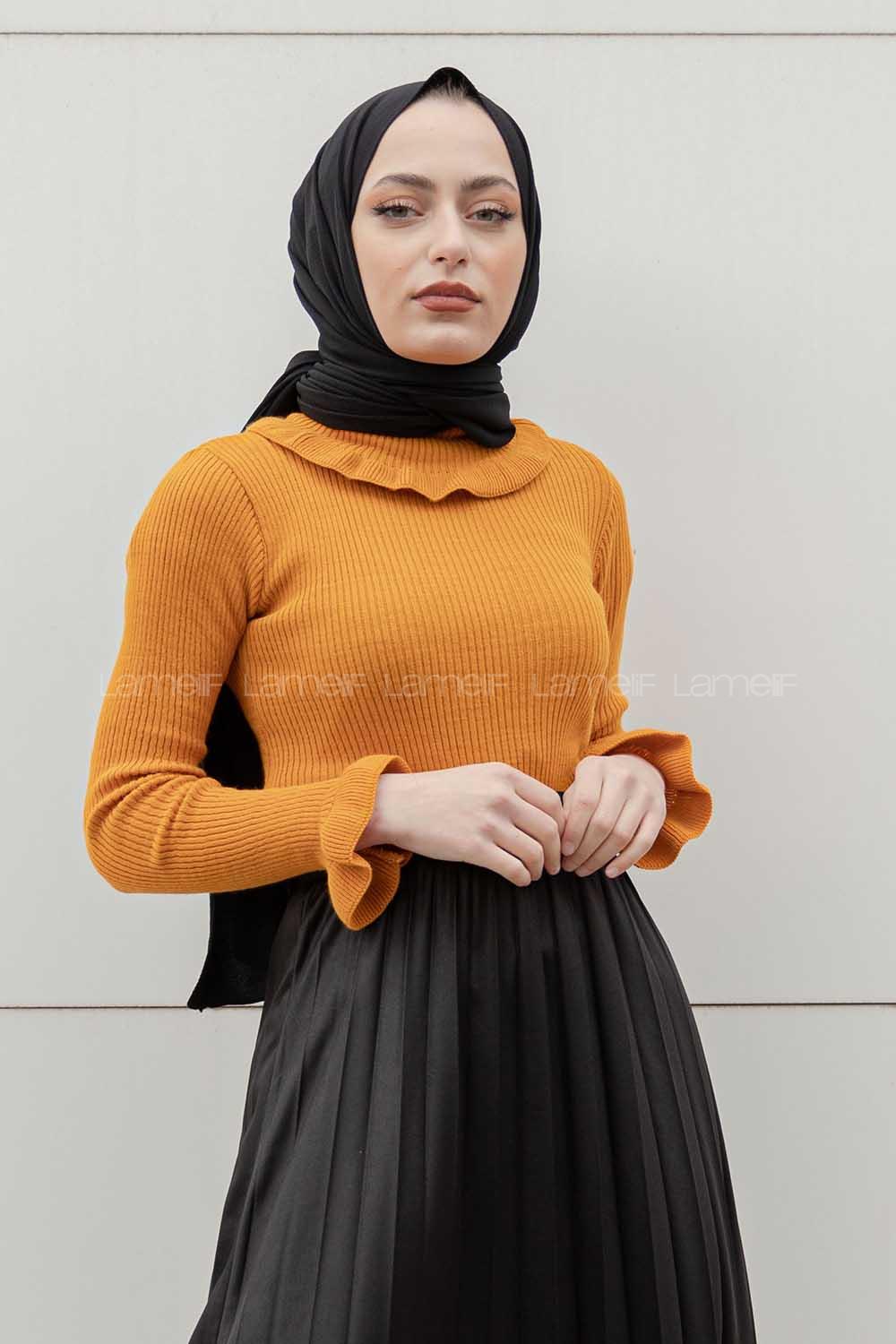 Modalamelif Boğazlı Fırfırlı Triko Kazak Hardal Sarısı