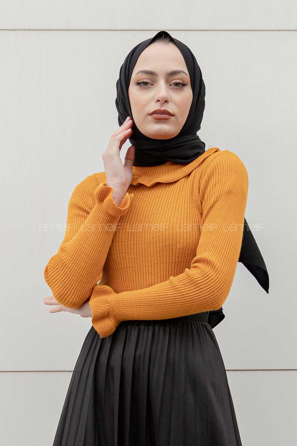 Modalamelif Boğazlı Fırfırlı Triko Kazak Hardal Sarısı