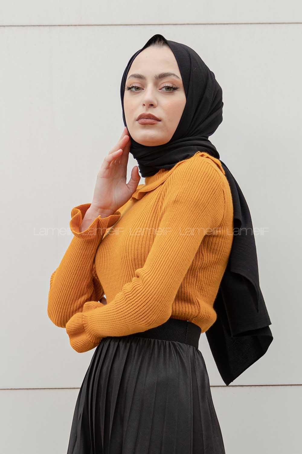 Modalamelif Boğazlı Fırfırlı Triko Kazak Hardal Sarısı