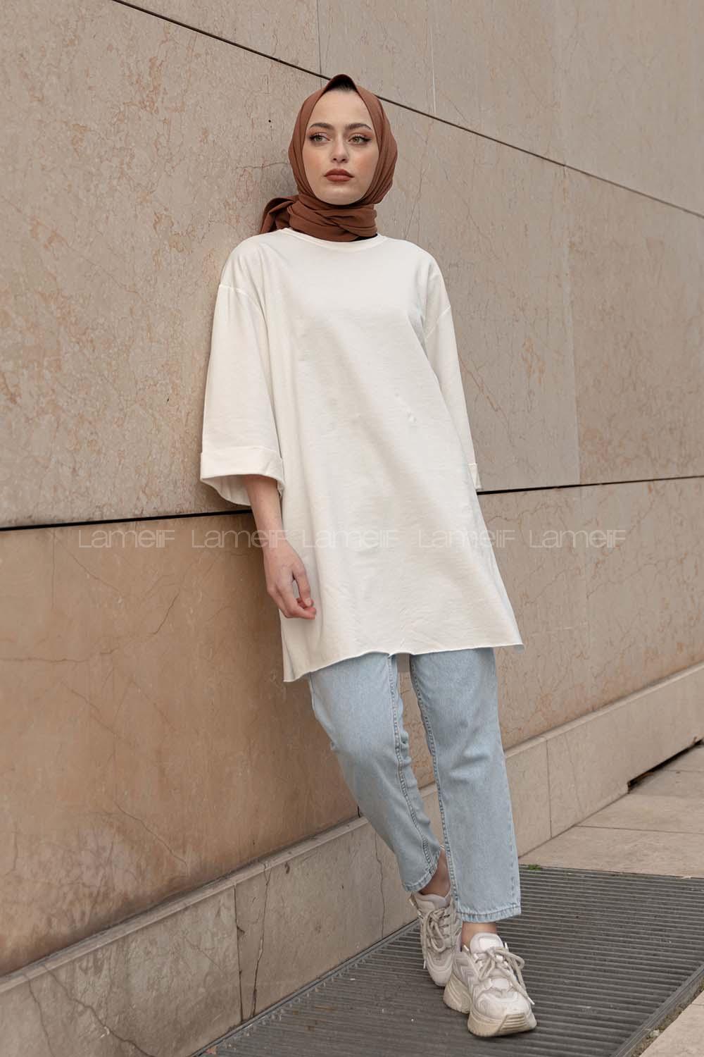 Modalamelif Düz Renk Fakir Kol Sweatshirt Beyaz