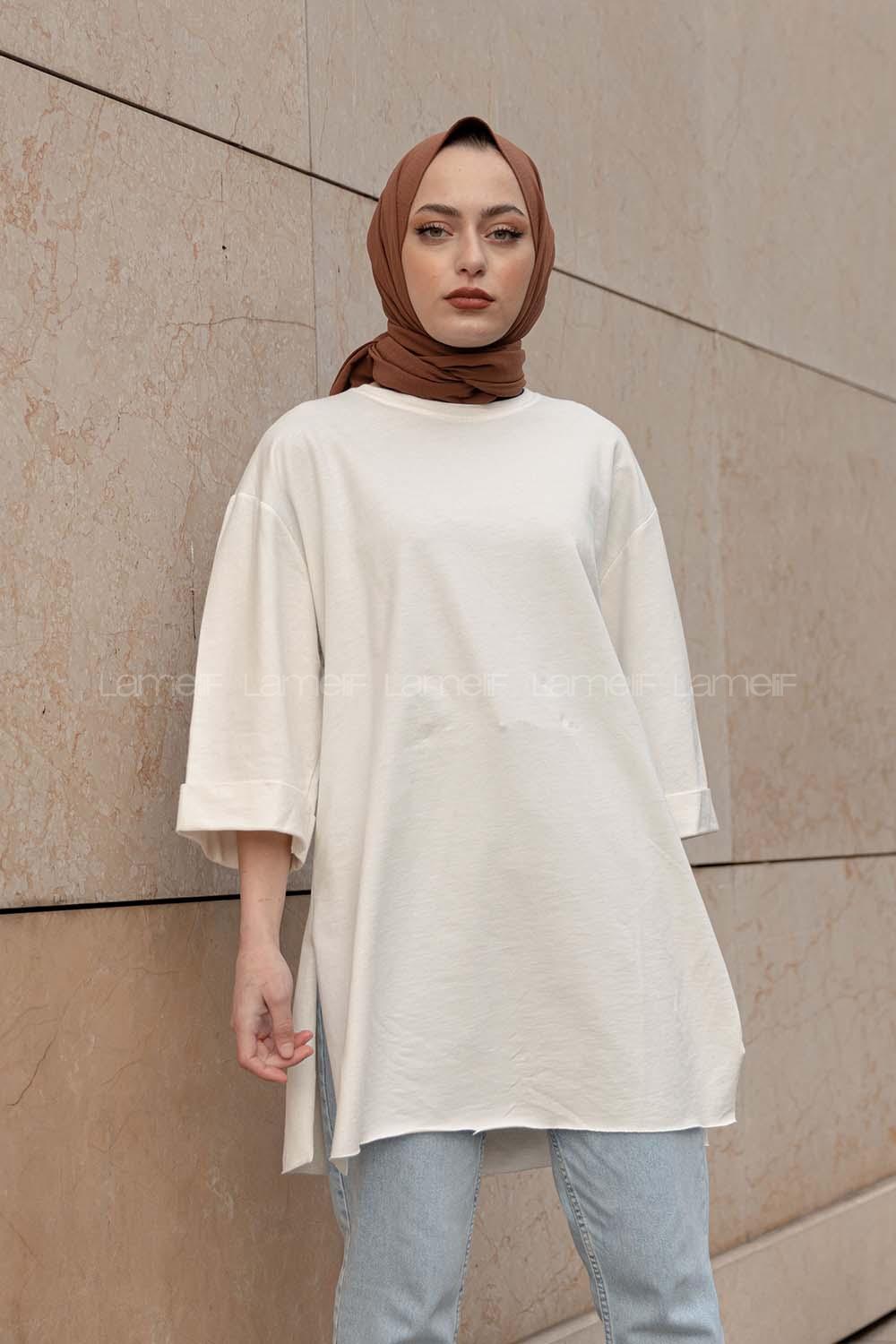 Modalamelif Düz Renk Fakir Kol Sweatshirt Beyaz