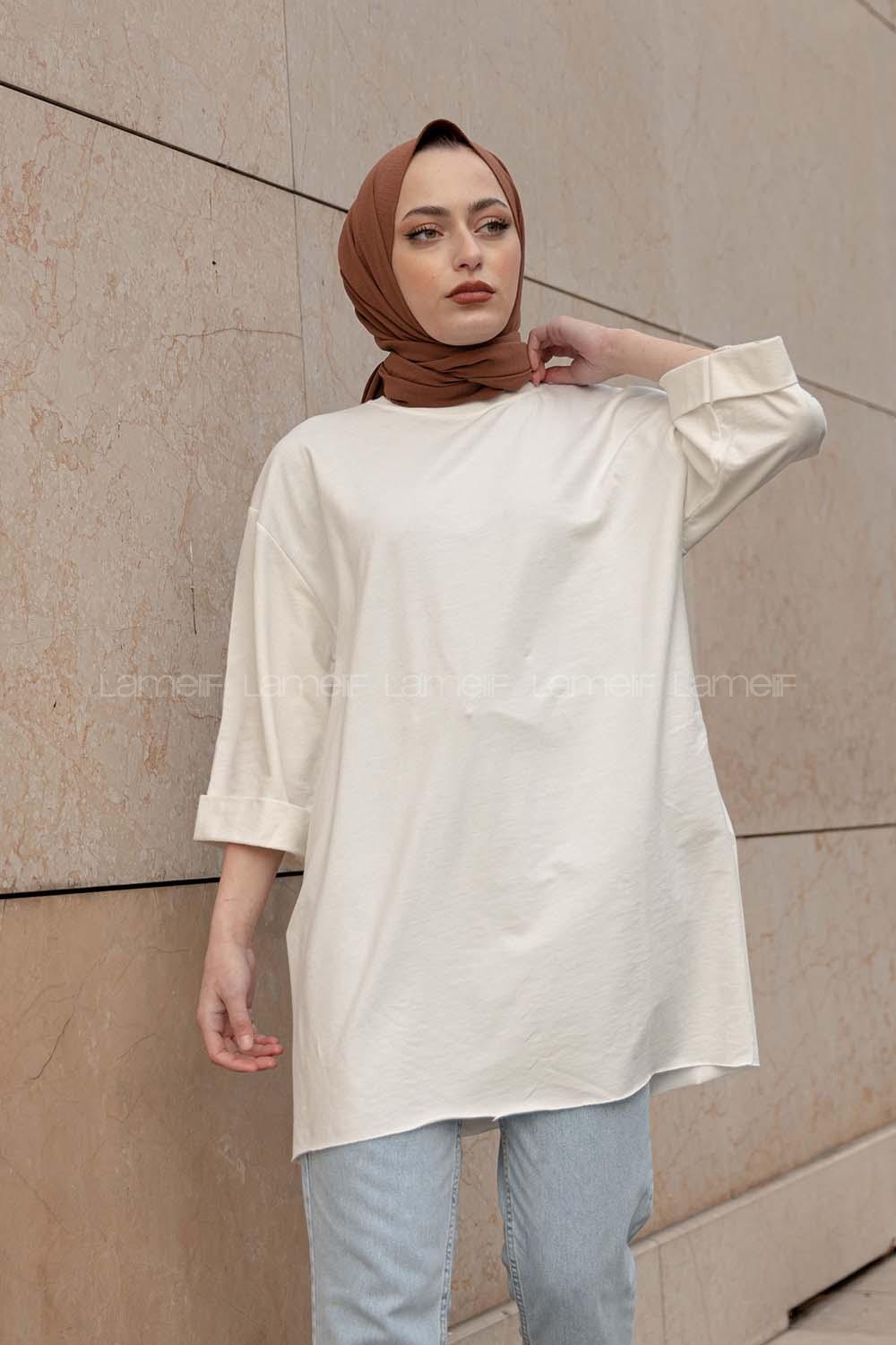 Modalamelif Düz Renk Fakir Kol Sweatshirt Beyaz