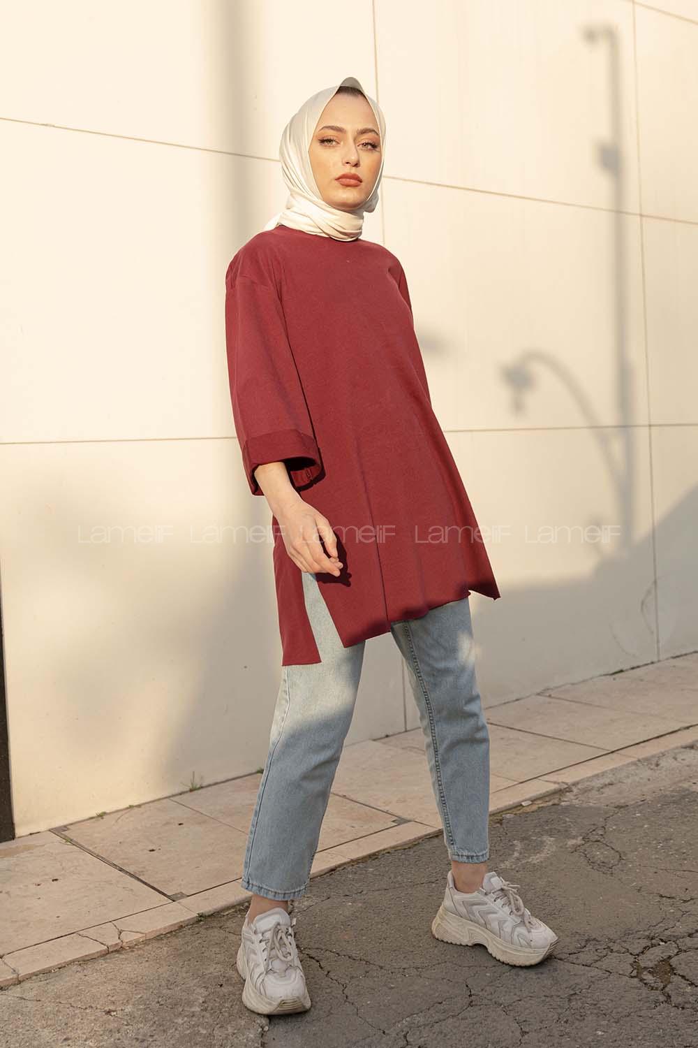 Modalamelif Düz Renk Fakir Kol Sweatshirt Bordo