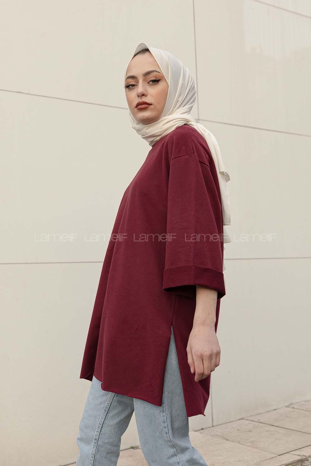 Modalamelif Düz Renk Fakir Kol Sweatshirt Bordo