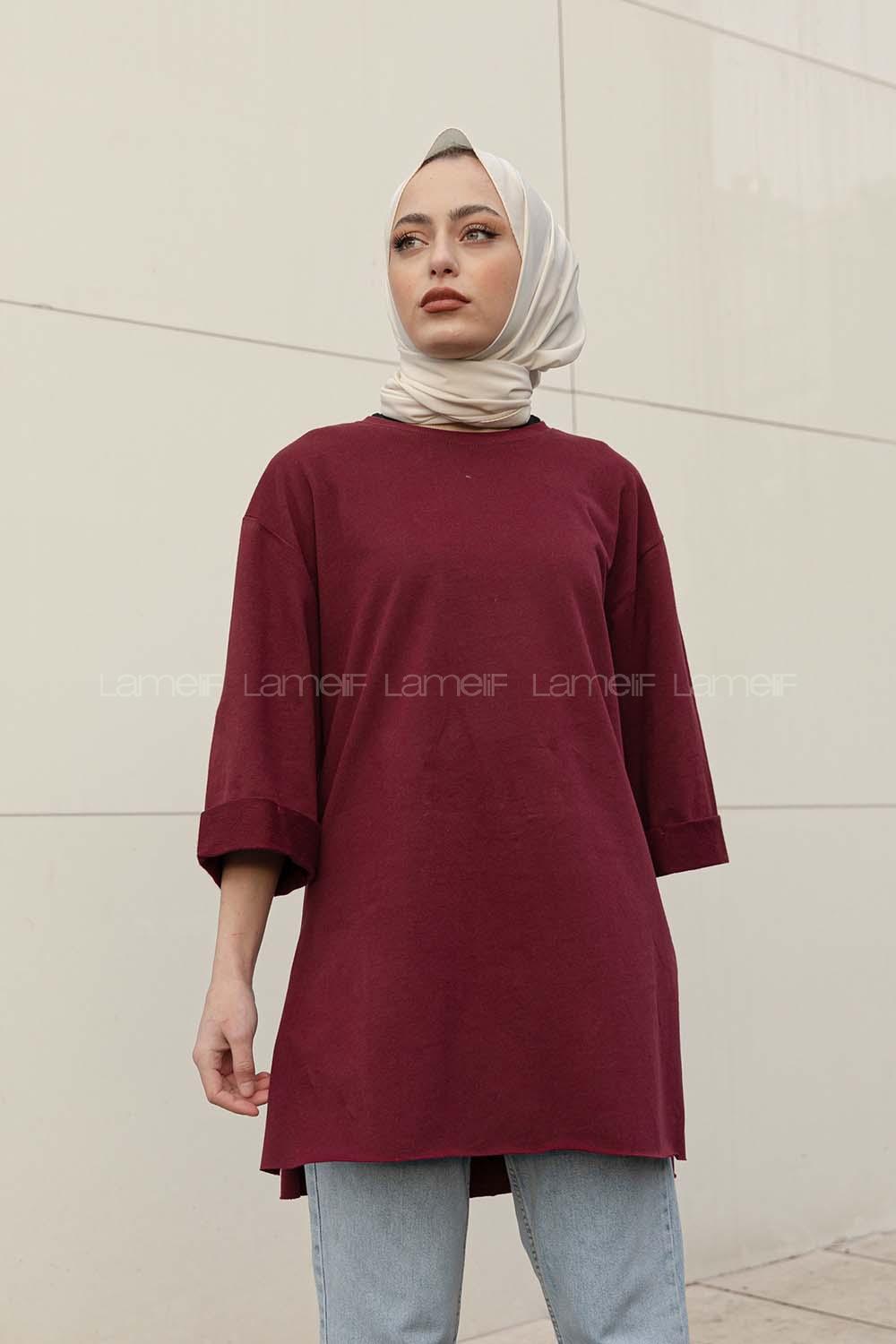 Modalamelif Düz Renk Fakir Kol Sweatshirt Bordo