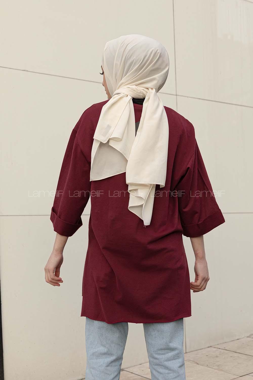 Modalamelif Düz Renk Fakir Kol Sweatshirt Bordo