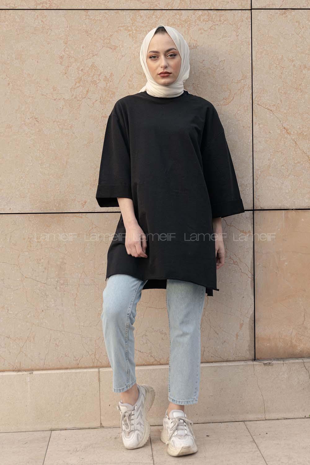 Modalamelif Düz Renk Fakir Kol Sweatshirt Siyah