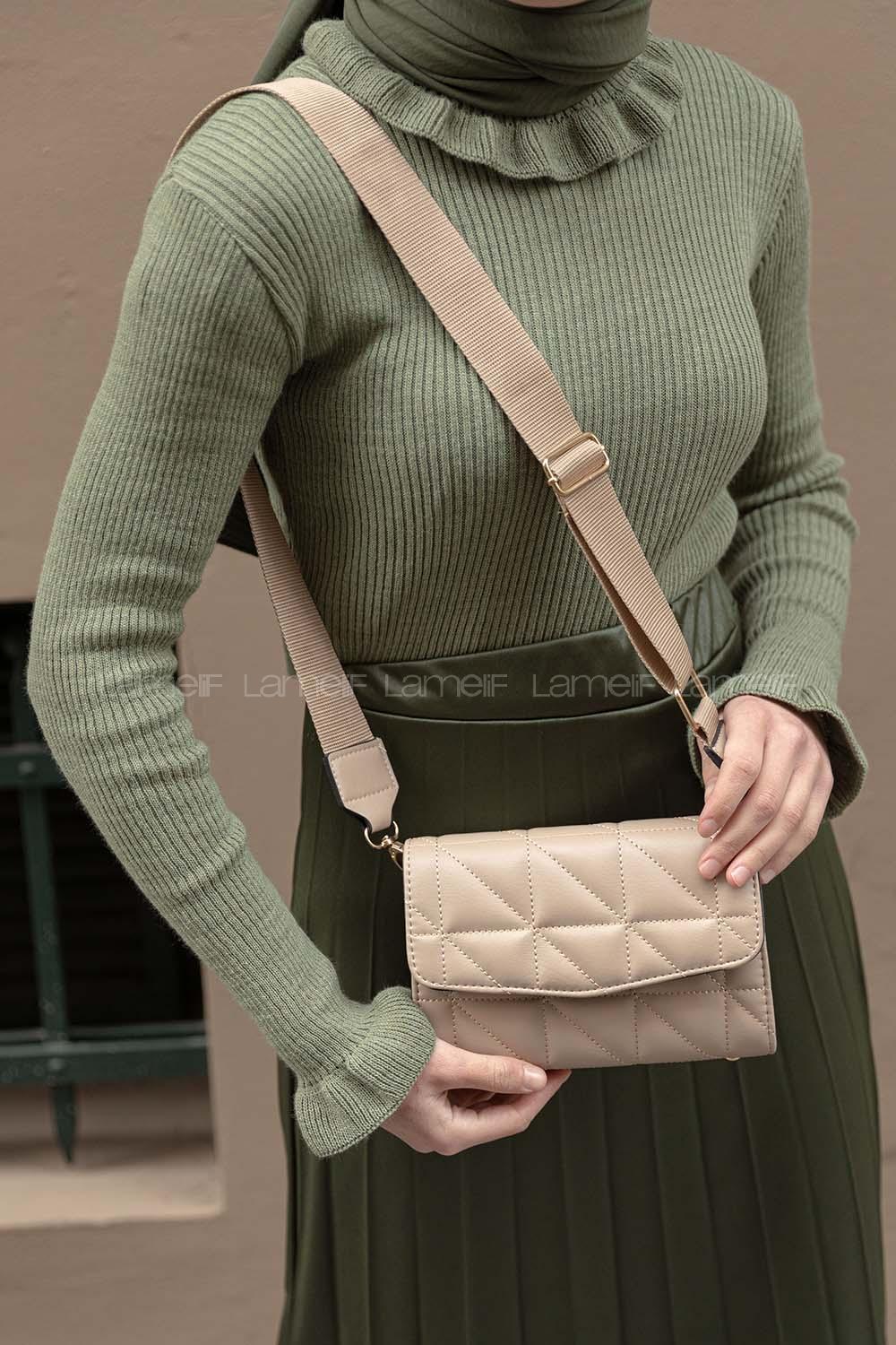 Modalamelif Hasır Askılı Kapitone Çapraz Çanta Vizonrengi