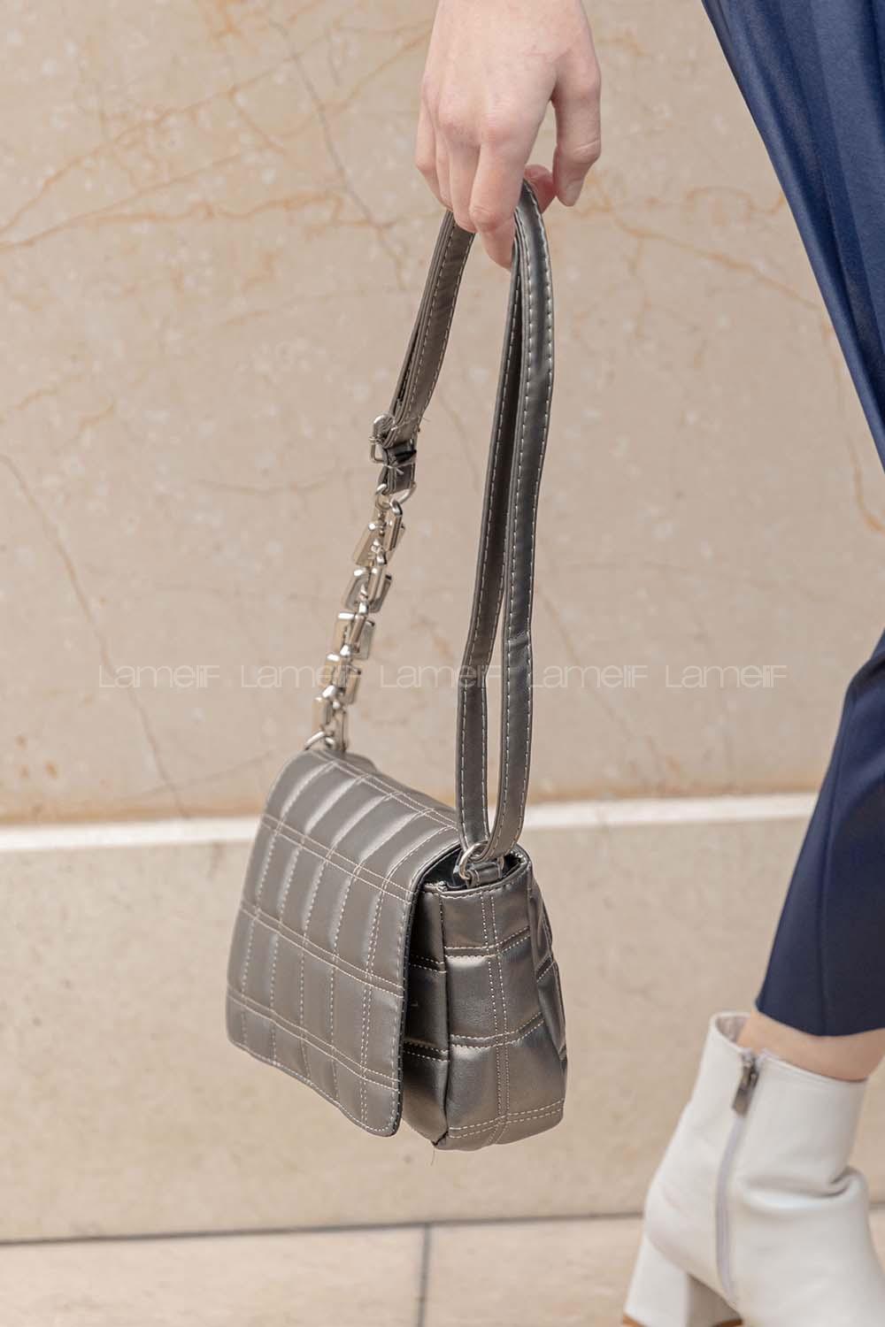 Modalamelif Kapitone Baskı Çanta Gümüş