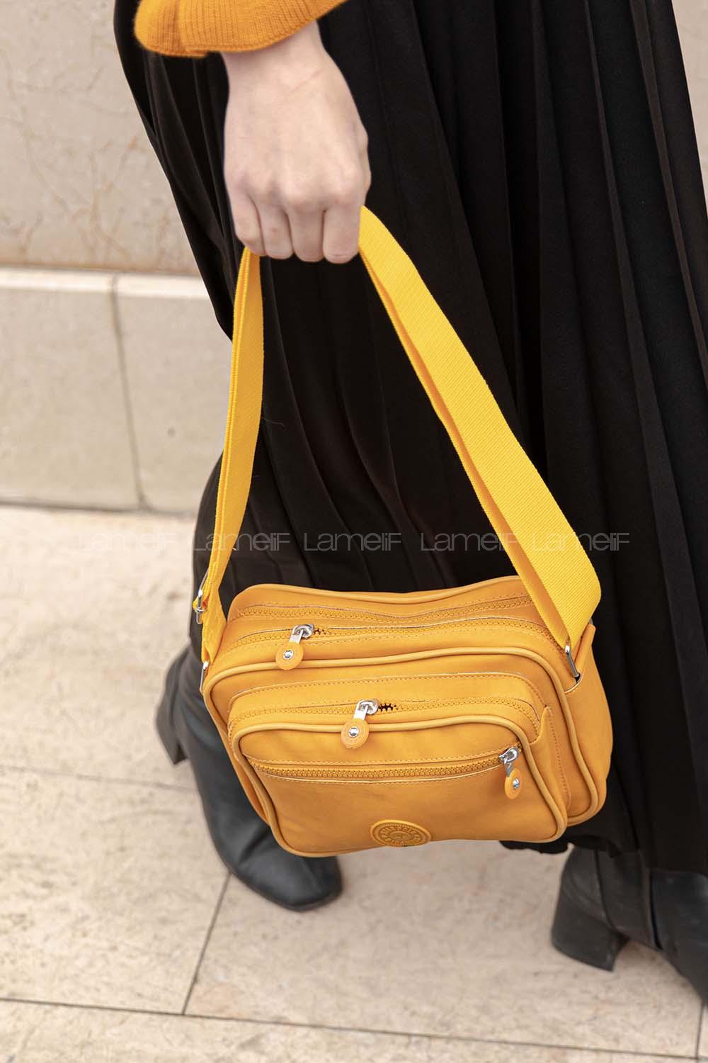 Modalamelif  Krinkıl Kumaş Çapraz Çanta Hardal Sarısı