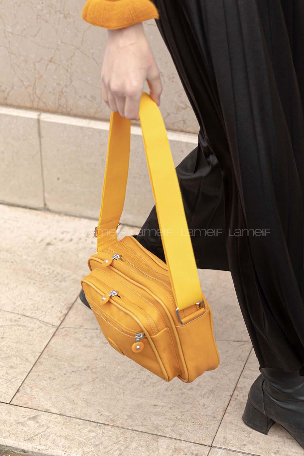 Modalamelif  Krinkıl Kumaş Çapraz Çanta Hardal Sarısı
