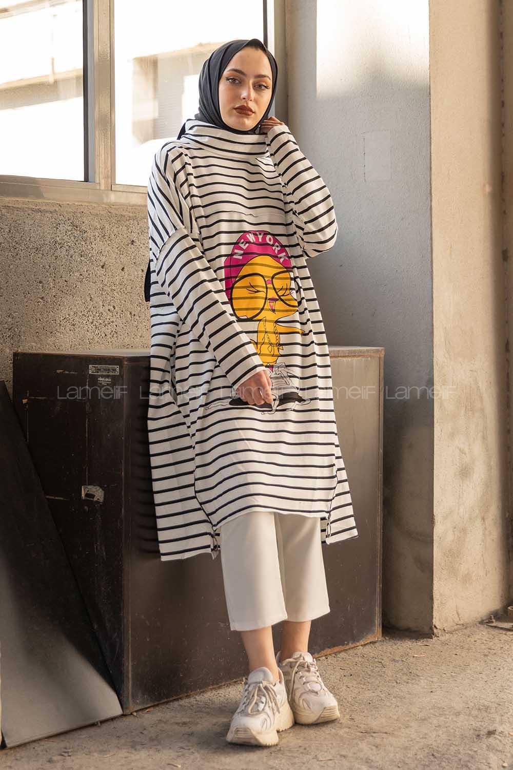 Modalamelif Balıkçı Yaka Twety Baskılı Tunik Beyaz