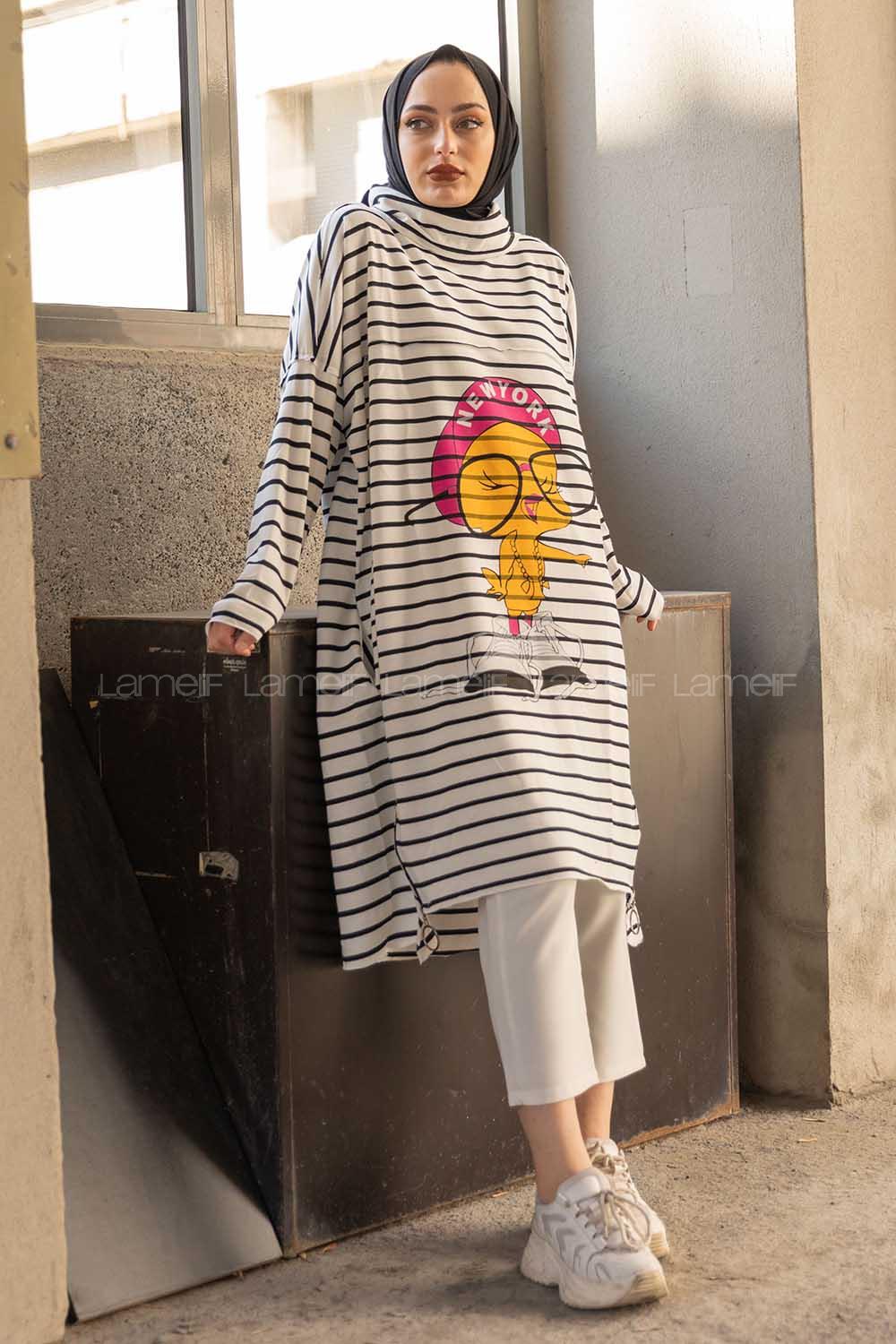 Modalamelif Balıkçı Yaka Twety Baskılı Tunik Beyaz