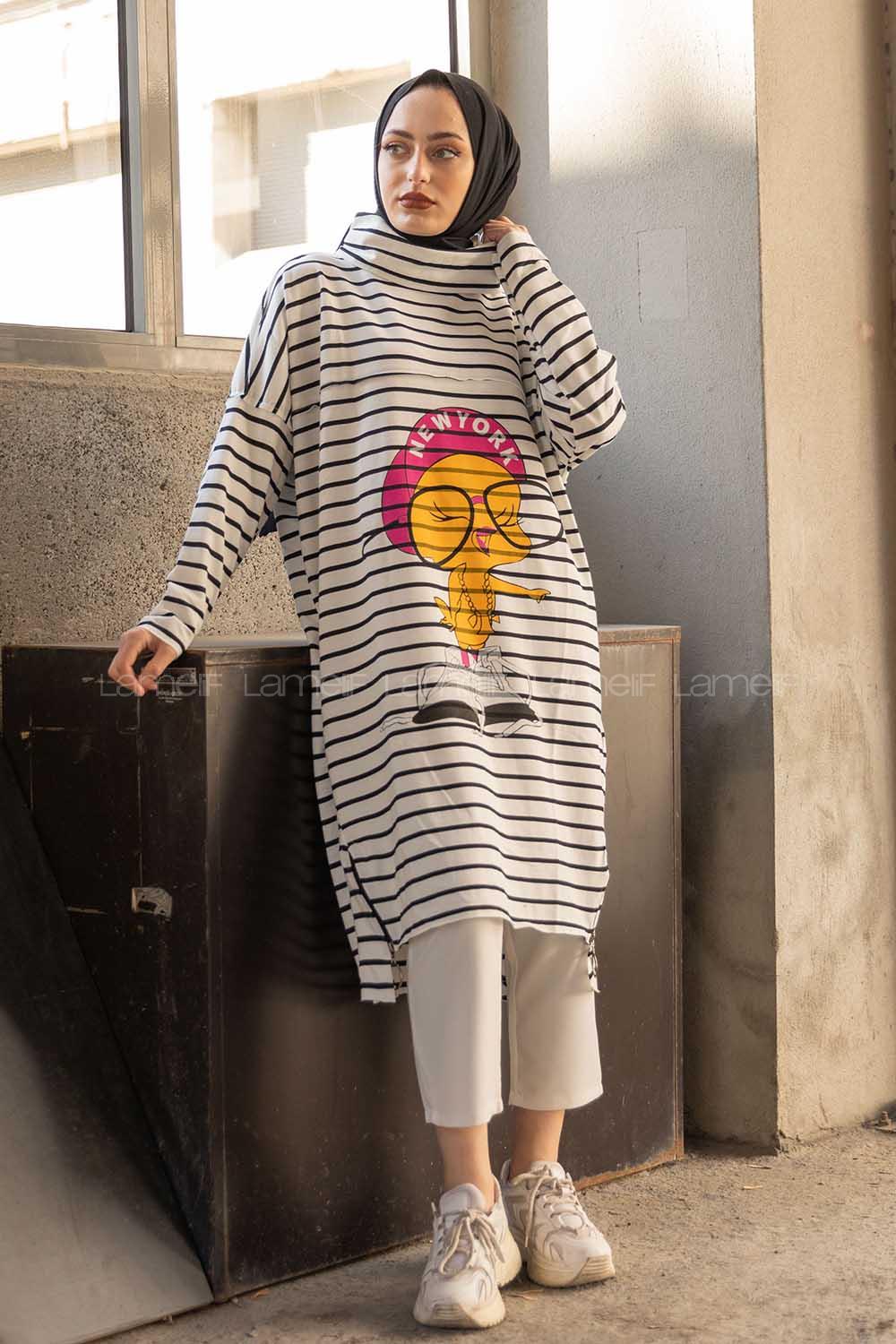 Modalamelif Balıkçı Yaka Twety Baskılı Tunik Beyaz