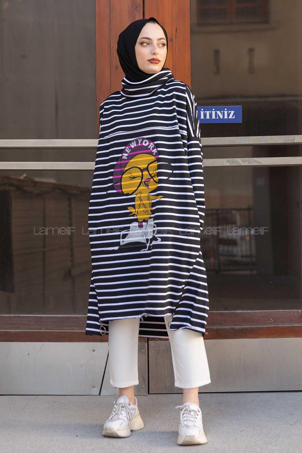 Modalamelif Balıkçı Yaka Twety Baskılı Tunik Siyah