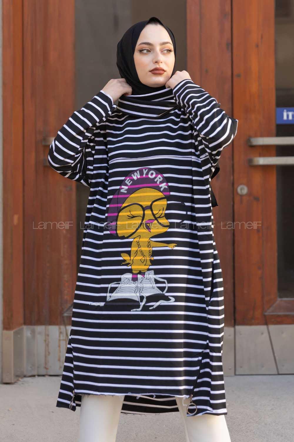 Modalamelif Balıkçı Yaka Twety Baskılı Tunik Siyah