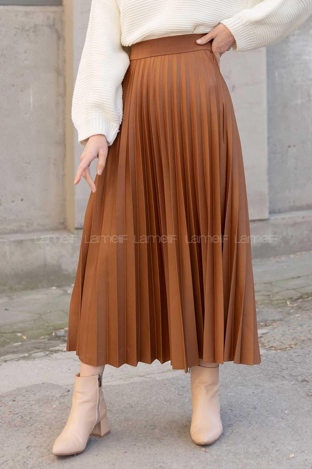 Modalamelif Beli Lastikli Deri Görünümlü Laklı Etek Taba