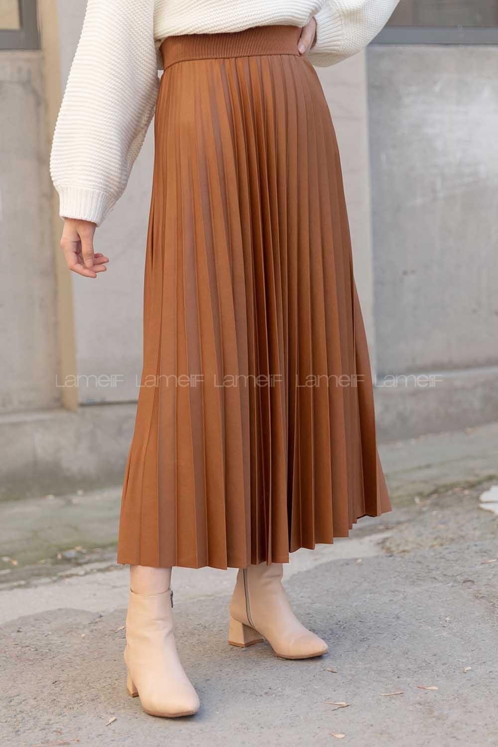 Modalamelif Beli Lastikli Deri Görünümlü Laklı Etek Taba