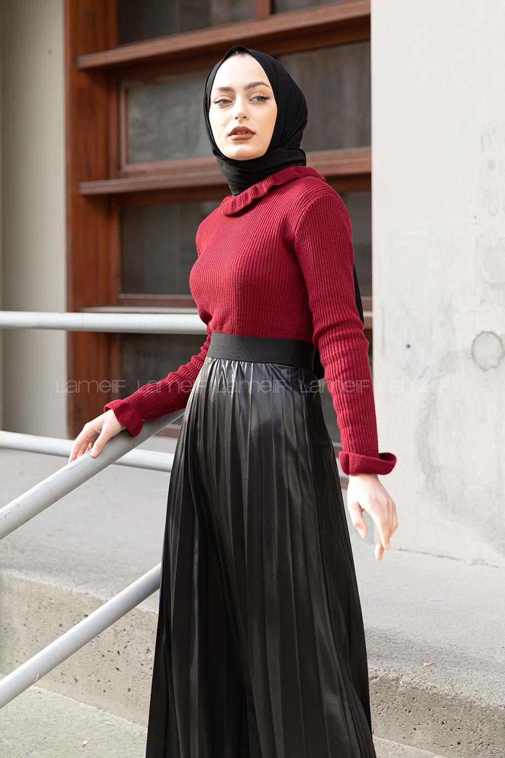 Modalamelif Boğazlı Fırfırlı Triko Kazak Bordo