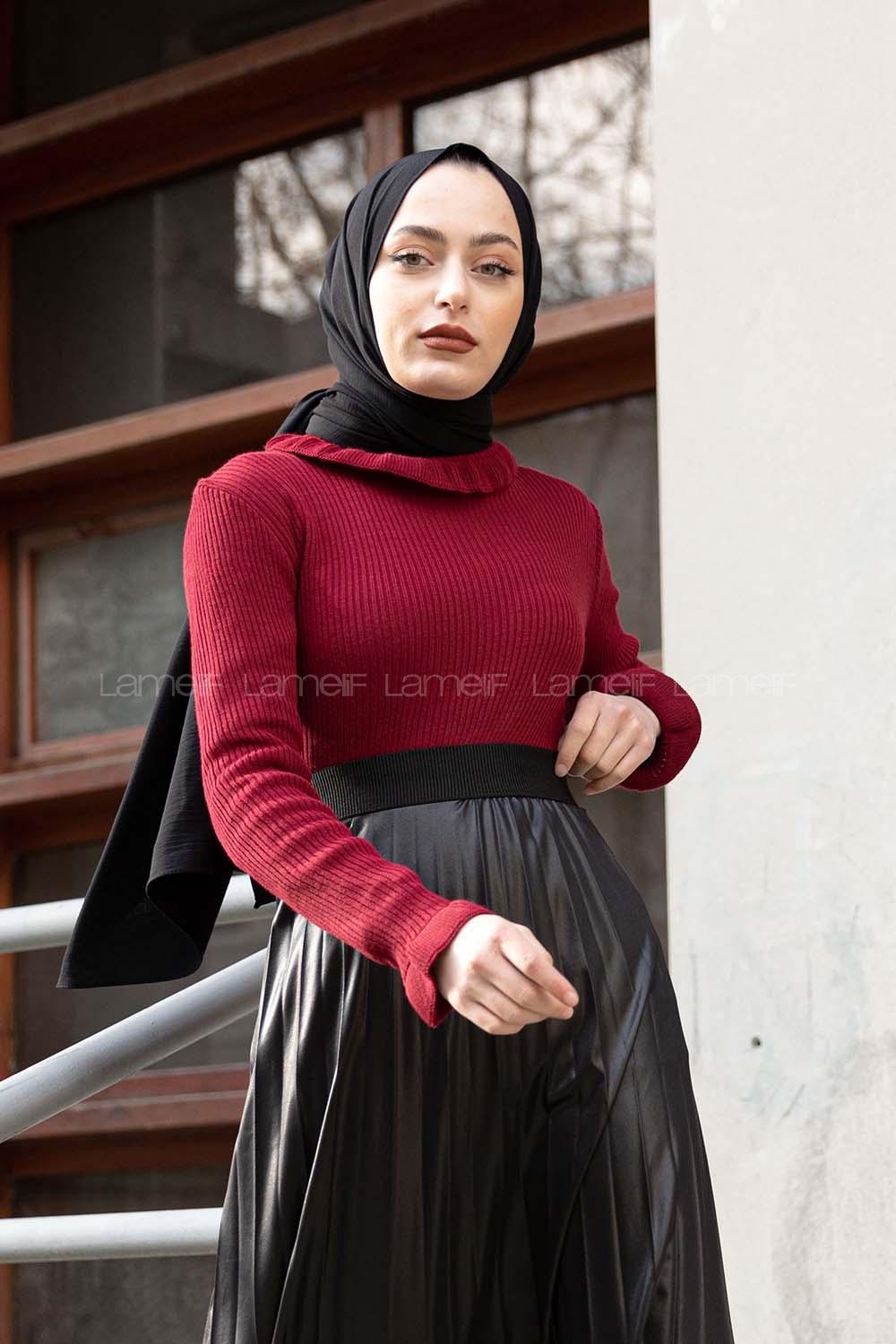 Modalamelif Boğazlı Fırfırlı Triko Kazak Bordo