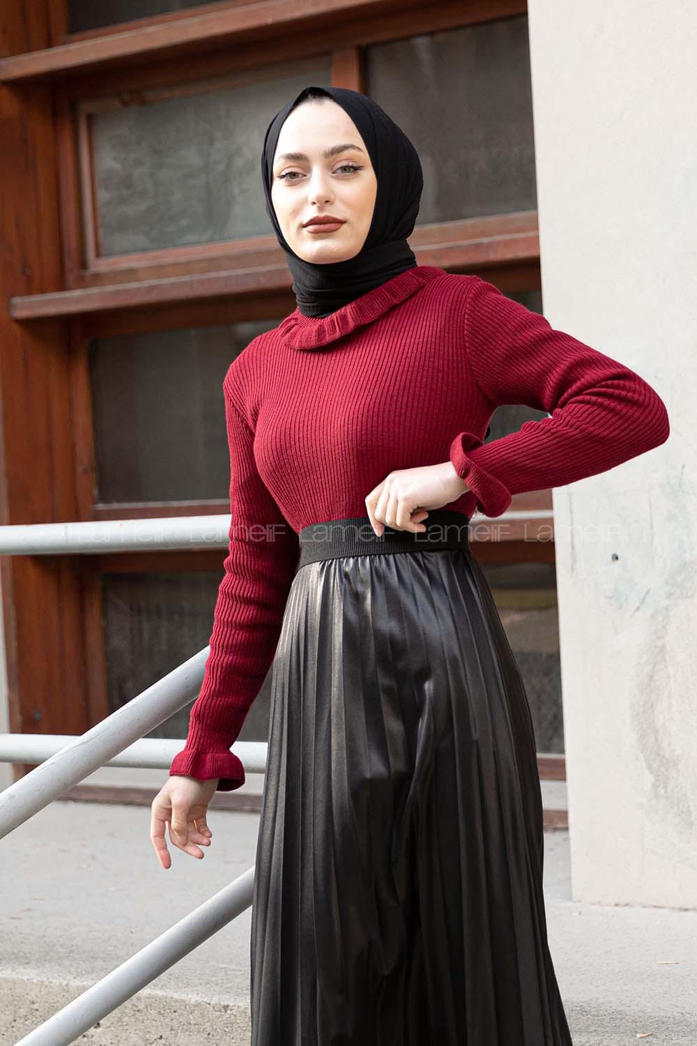 Modalamelif Boğazlı Fırfırlı Triko Kazak Bordo